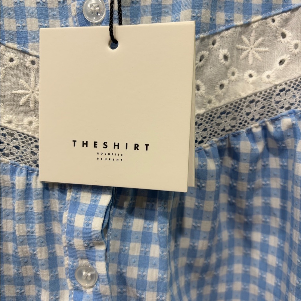 The Shirt by Rochelle Behrens Light Blue & White Gingham Lace-Trim Blouse - Picture 3 of 6